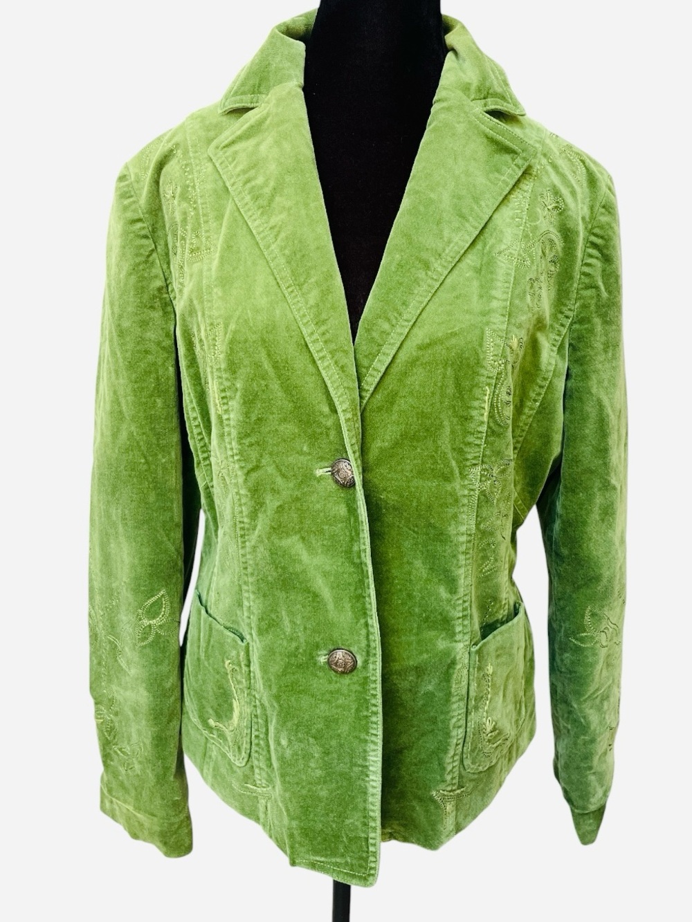 Vintage Harold's Green Embroidered Floral Boho Velvet Blazer Size 10 Satin Lined